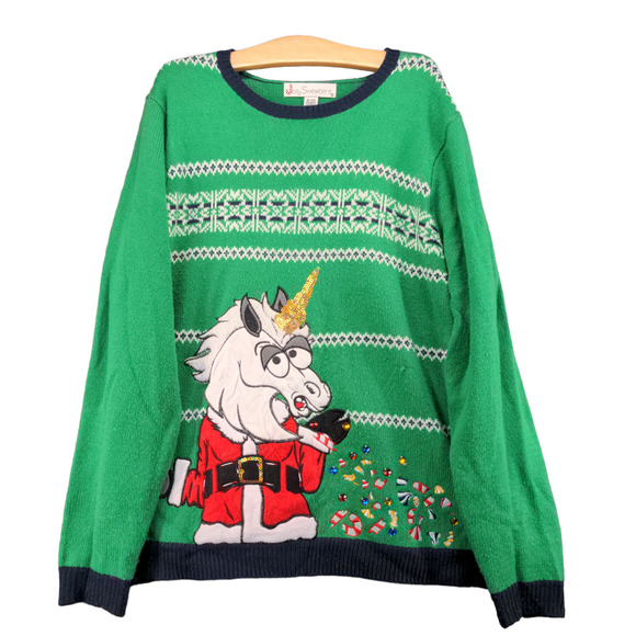 Jolly Sweaters Ugly Christmas Sweater Unicorn Santa Mens SZ XL Green Embroidered - Picture 1 of 13